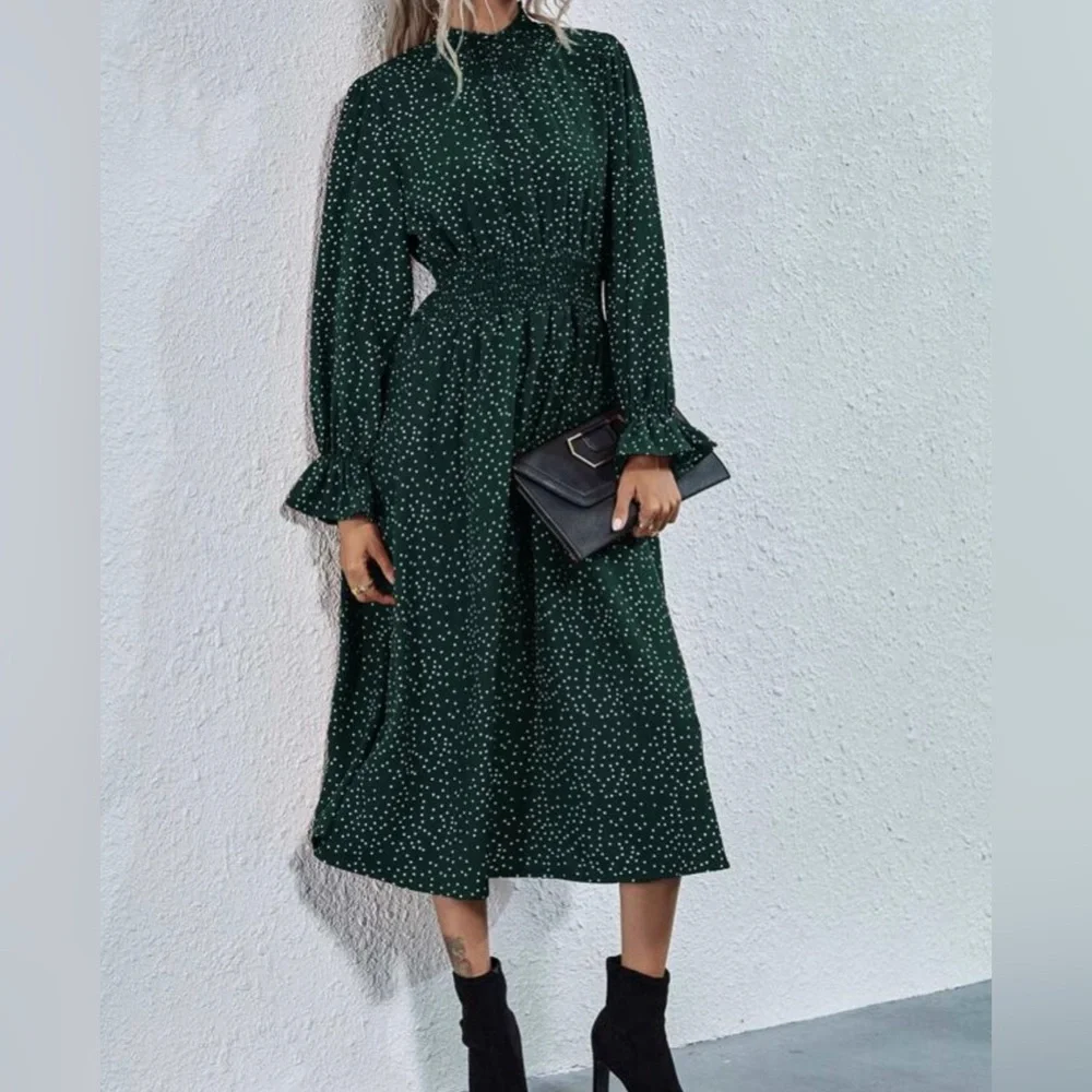 Green & White Long Sleeve High Neck Polka Dot Dress Size Large - Picture 3 of 12